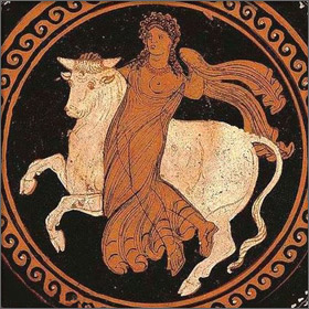 Μυθολογία της Θάσου - Η Ευρώπη πάνω στο μεταμορφωμένο σε ταύρο Δία